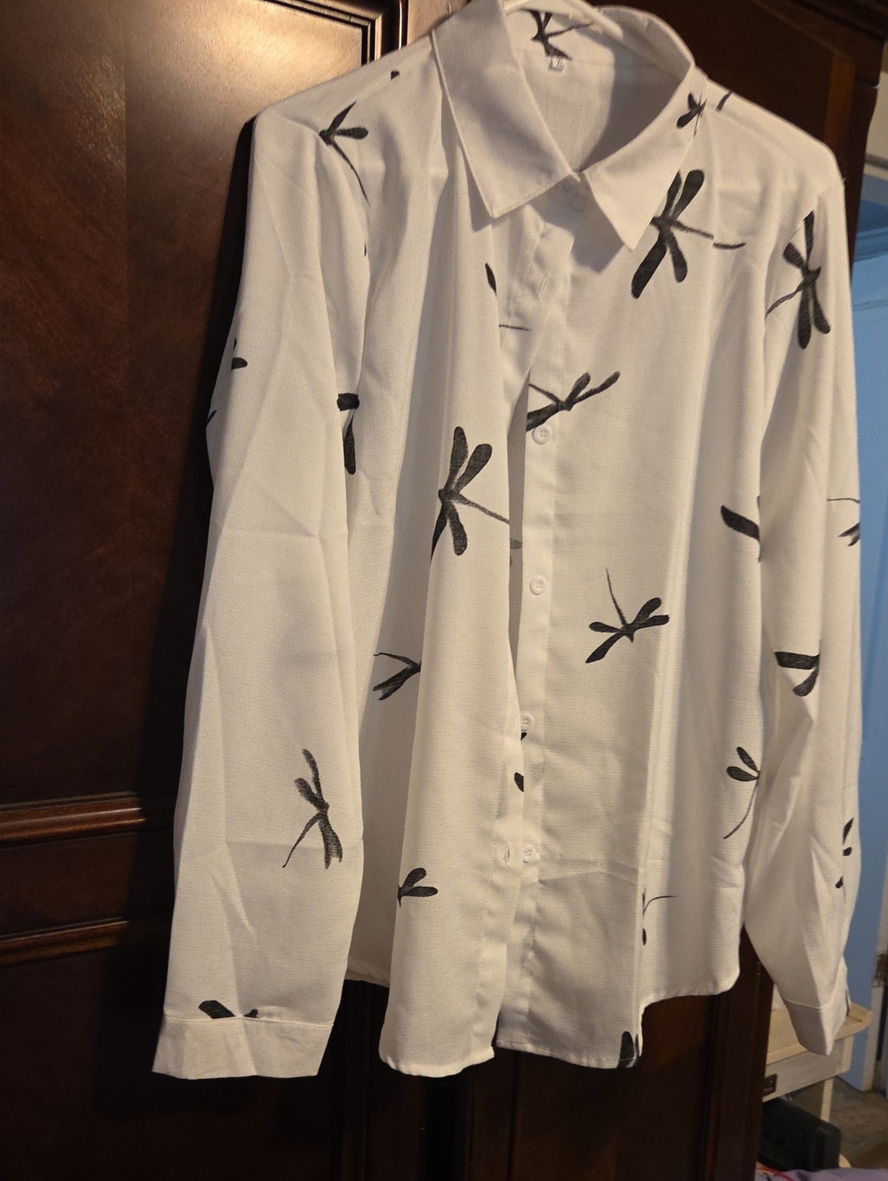SHEIN White Button-Down Shirt with Black Dragonfly Print‎